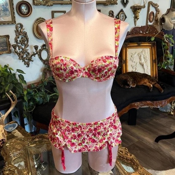 Vintage Y2K Victoria's Secret satin floral rose demi bra mini skirt panties set.
